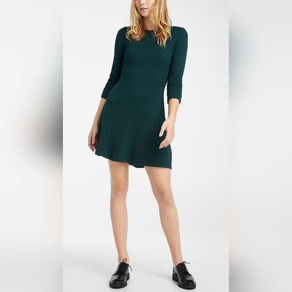 Twik | 3/4 Sleeve Cable Knit Mini Dress | Semi-flared | Green | Size M - Picture 3 of 3